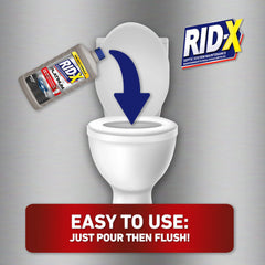Rid‑X siendo vertido en inodoro para aplicación simple y sin medición