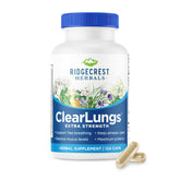 RidgeCrest Herbals frasco frontal de ClearLungs Extra Strength mostrando el envase