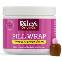 Riley's frente del envase mostrando sabor queso y tocino y facilidad de uso