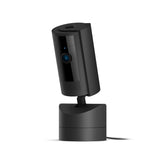 Ring Pan-Tilt Cam frontal en negro mostrando diseño elegante y beneficios estéticos