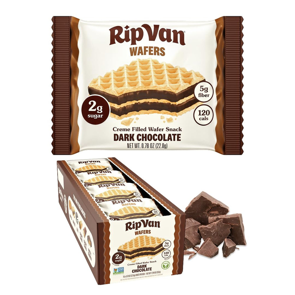 Rip Van Wafels frontal del paquete, sabor chocolate oscuro y conveniencia