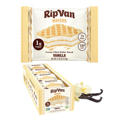Rip Van Wafels empaque frontal mostrando vainilla y beneficios nutricionales