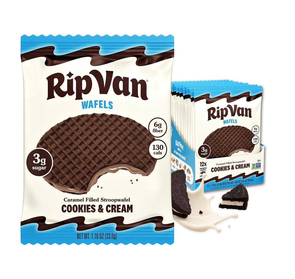 Rip Van Wafels empaque frontal mostrando 12 unidades y beneficios