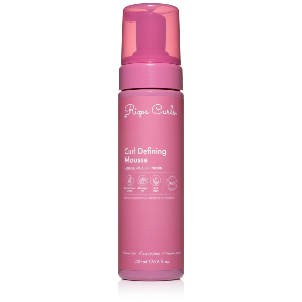 Rizos Curls espuma frontal mostrando el envase y volumen