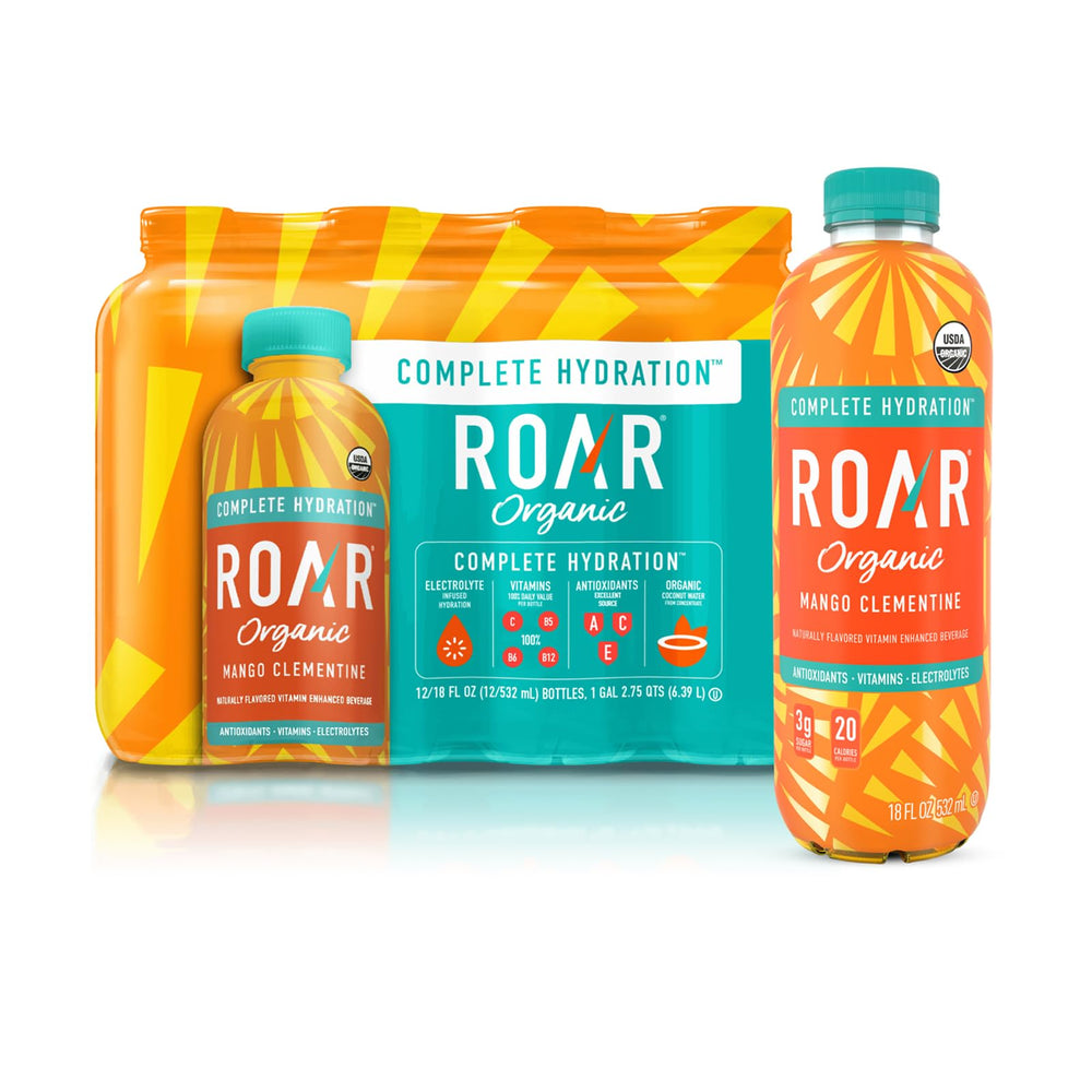 Roar Organic frontal del envase Mango Clementine mostrando hidratación natural