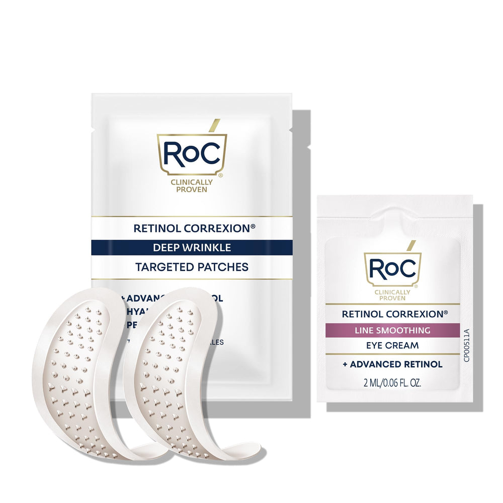 RoC embalaje frontal mostrando 6 parches para arrugas en frente y beneficios
