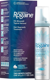 Rogaine envase frontal de espuma 5% minoxidil mostrando tamaño y etiqueta