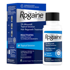 Rogaine envase frontal mostrando la botella y beneficio de uso dirigido