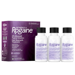 Rogaine frasco frontal y empaque mostrando suministro de 3 meses y facilidad de uso