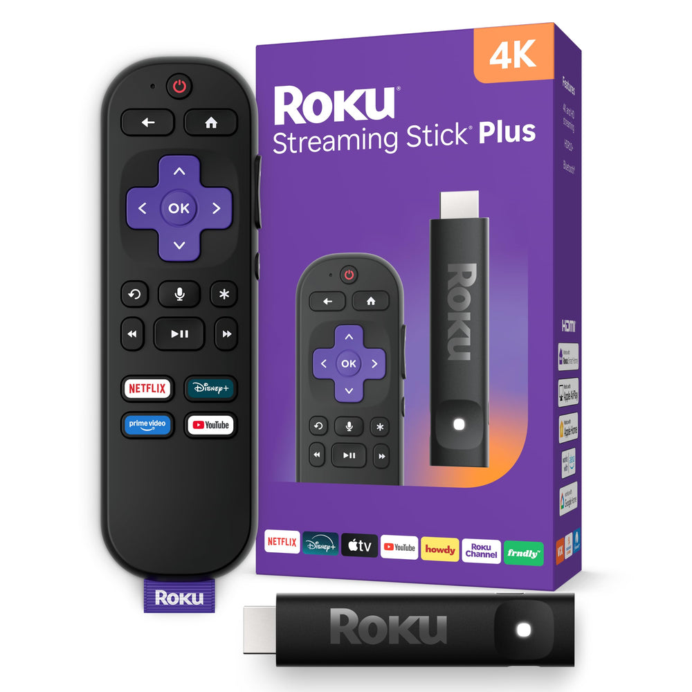 Roku stick frontal mostrando diseño compacto y fácil instalación