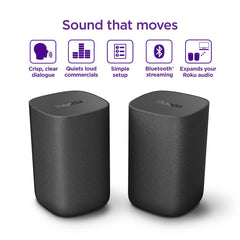 Roku altavoces junto a Streambar ilustrando integración con barra Roku