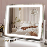 ROLOVE espejo frontal iluminado mostrando rostro completo y ajuste de luz
