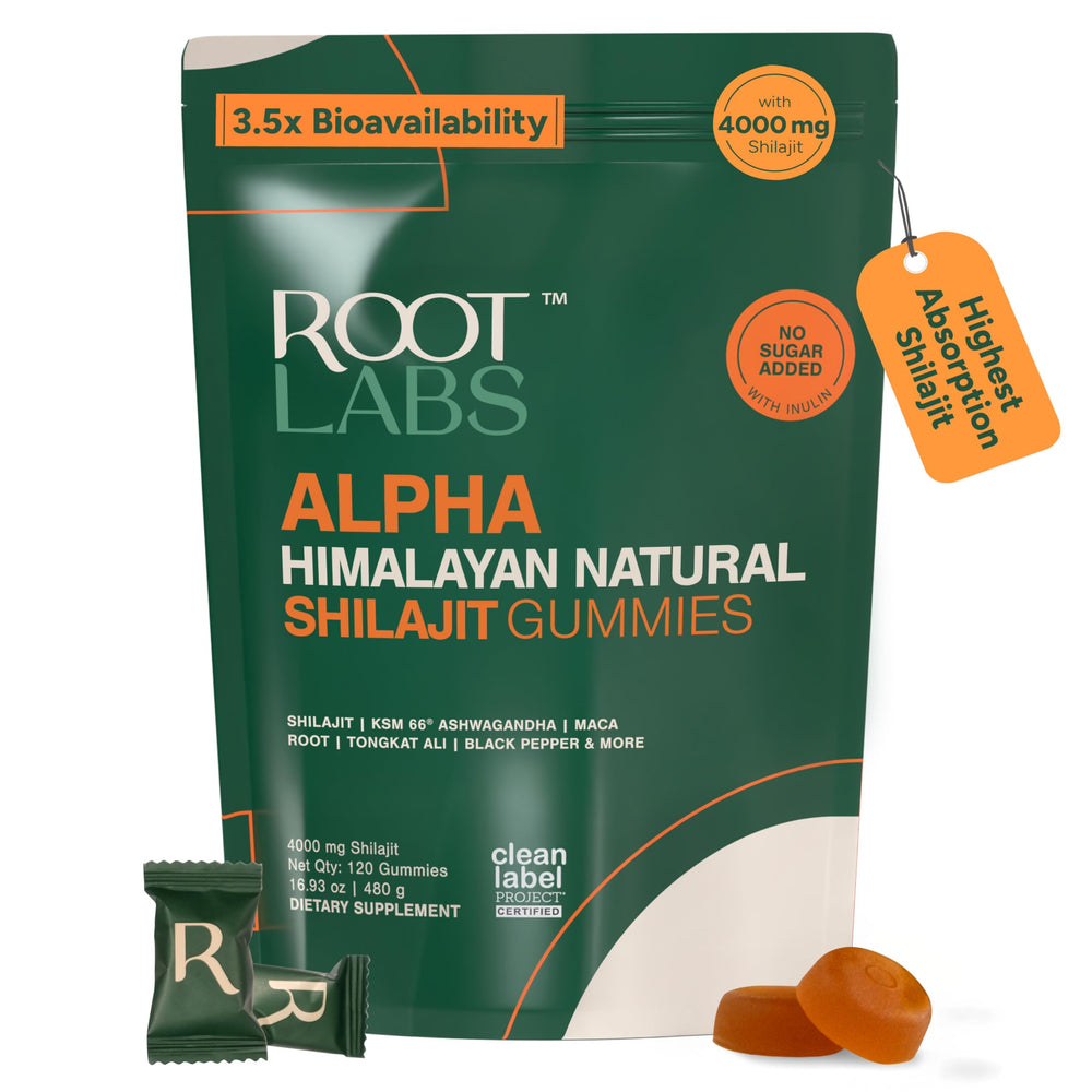 ROOT LABS frasco frontal mostrando 120 gomitas y beneficio conveniencia