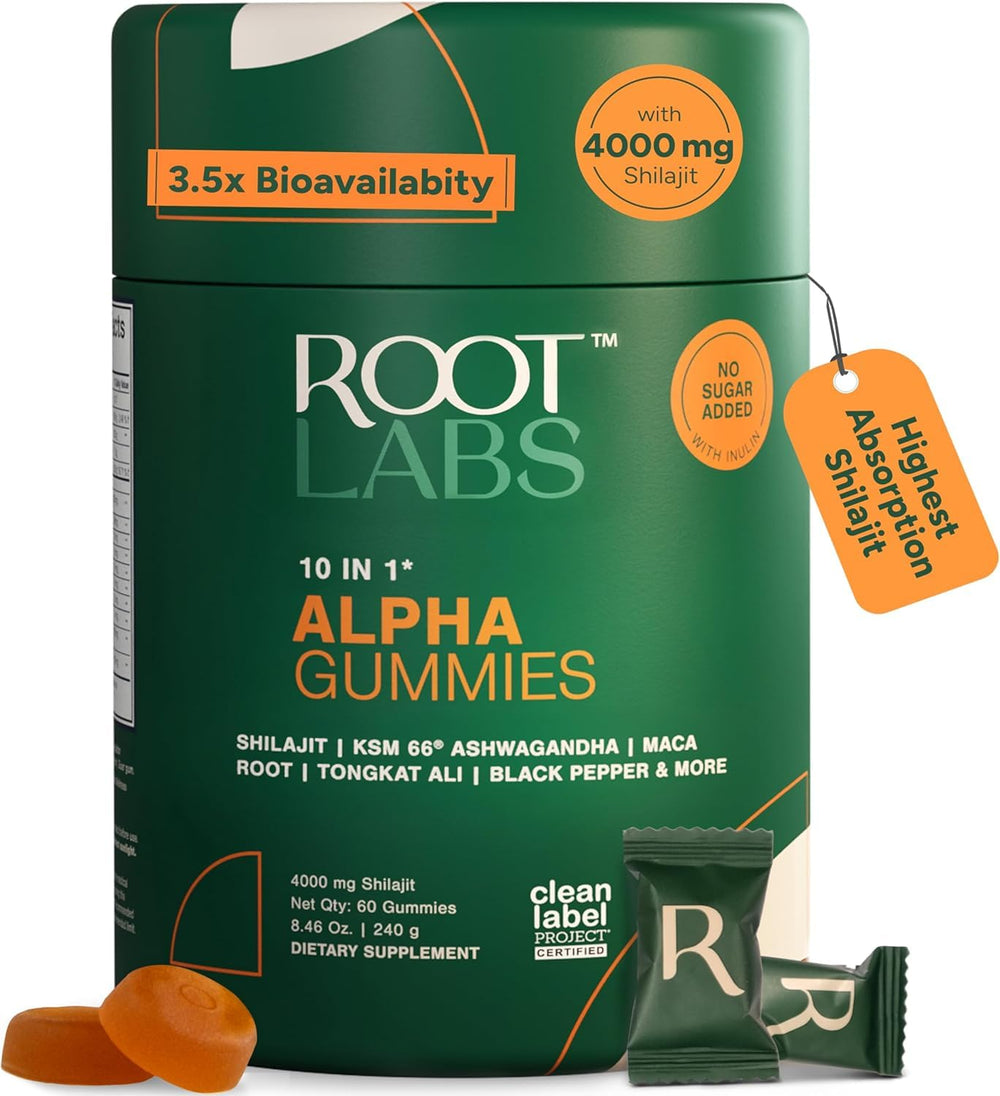 ROOT LABS frasco frontal de gomitas mostrando 60 unidades y etiqueta clara