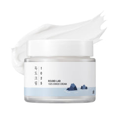 ROUND LAB crema Dokdo vista frontal con tapa, hidratación confiable