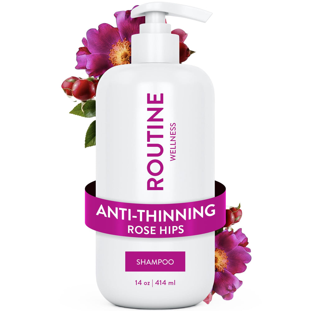 Routine Wellness champú Rose Hips vista frontal muestra envase y beneficios