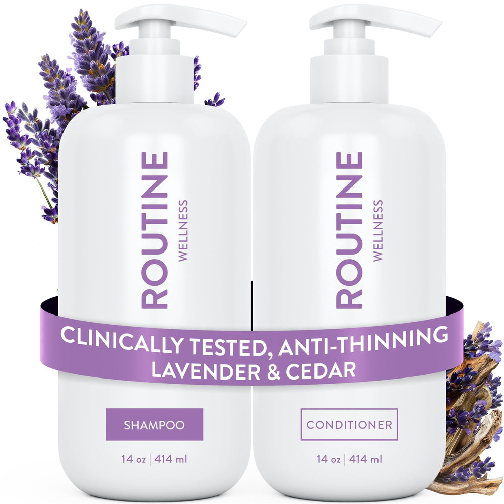 Routine Wellness frasco frontal lavanda cedro mostrando diseño y beneficio voluminizador