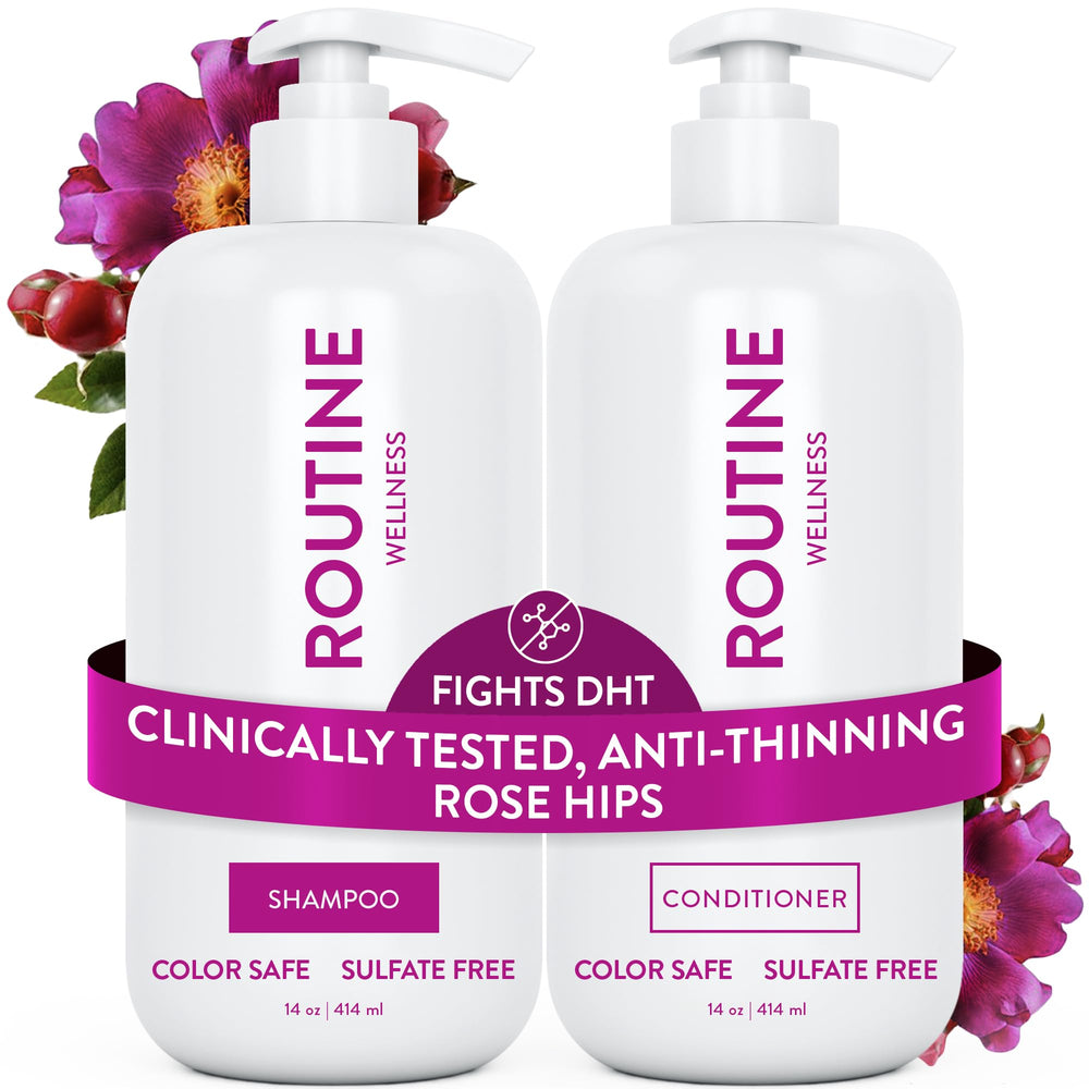 Routine Wellness botella frontal del champú y acondicionador mostrando diseño y beneficio voluminizador