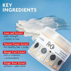 R+Co etiqueta con ingredientes botánicos y beneficios acondicionantes