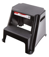 Rubbermaid banqueta frontal negra mostrando estabilidad y acabado resistente