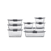 Rubbermaid Brilliance frontal del conjunto mostrando vidrio claro y tapas, mantiene alimentos visibles