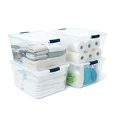 Rubbermaid Cleverstore vista frontal del paquete mostrando las cuatro cajas y beneficio de visibilidad