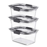 Rubbermaid vista frontal del conjunto de 3 piezas mostrando sellado hermético y almacenaje eficiente
