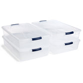 Rubbermaid vista frontal pack de cuatro cajas claras y ordenadas, organización rápida