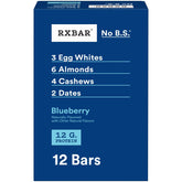 RXBAR frontal del empaque mostrando caja de 12 barras, conveniente y portátil