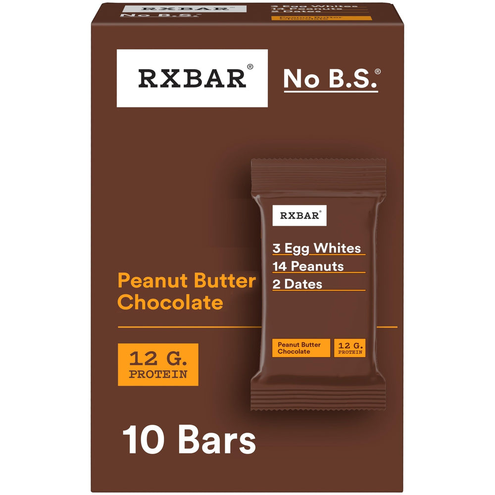 RXBAR caja frontal mostrando 10 barras y etiqueta clara de ingredientes