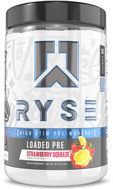 RYSE Up Supplements frasco frontal Strawberry Squeeze mostrando diseño y 30 servicios
