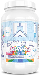 RYSE Up bote frontal con etiqueta clara y sabor Jet-Puffed Marshmallow