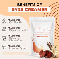 RYZE SUPERFOODS detalle del polvo del creamer probiótico, textura cremosa para mezclar