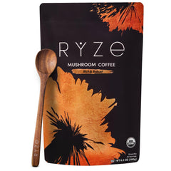 RYZE SUPERFOODS frente del envase mostrando 30 porciones y tueste oscuro