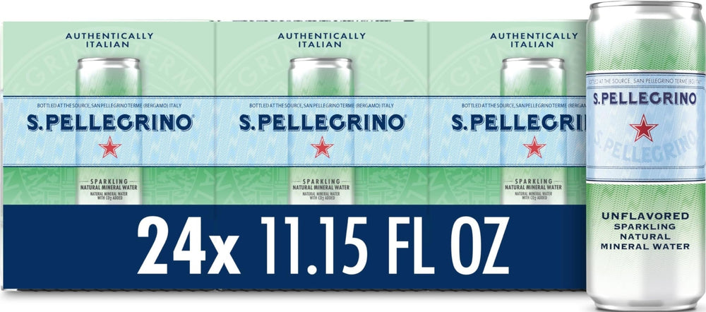 S.Pellegrino lata frontal mostrando diseño y burbujas, elegante y refrescante