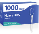 SACATR paquete frontal mostrando 1000 cucharas transparentes, ideal para eventos