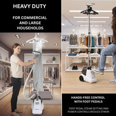 SALAV perchero ajustable sosteniendo un vestido, facilita vaporizar prendas largas