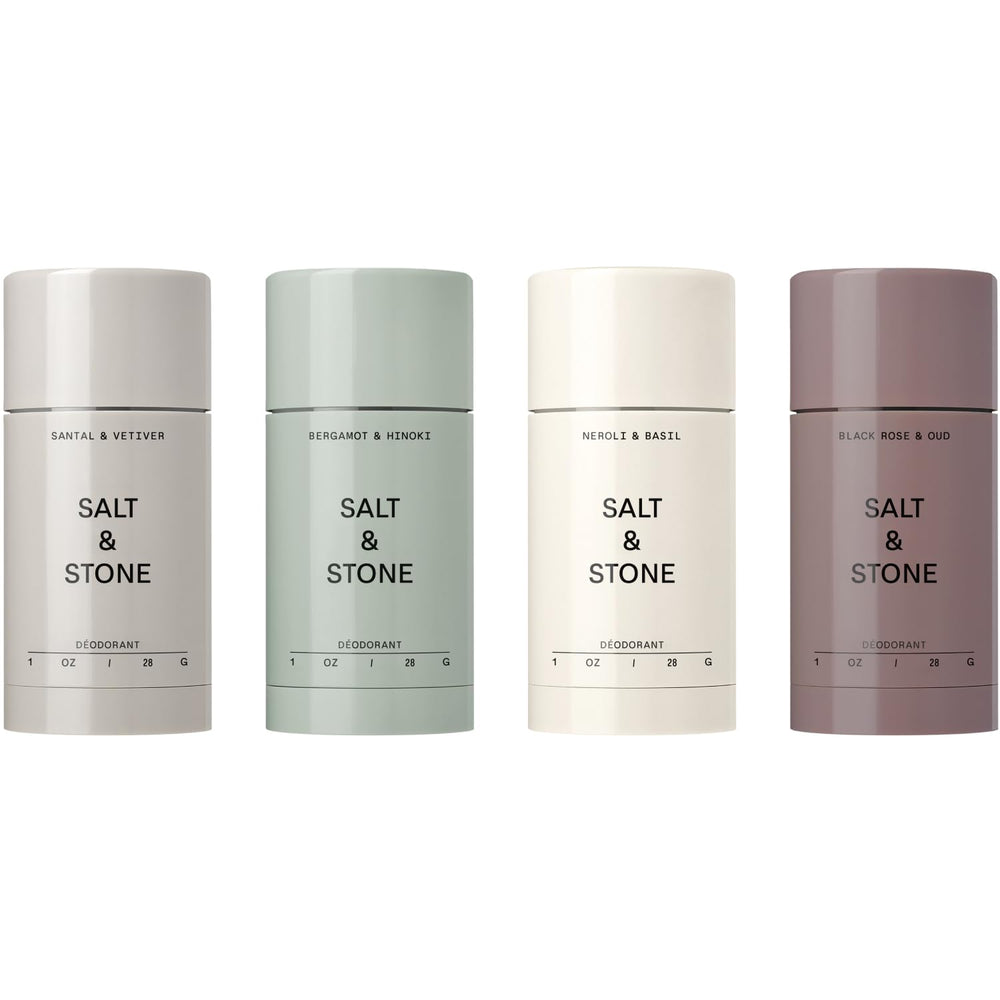 Salt & Stone empaque del set viaje mostrando cuatro sticks, ideal para llevar