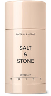 Salt & Stone frente del envase Saffron & Cedar mostrando diseño y tamaño