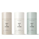 Salt & Stone vista frontal del trío mostrando las tres fragancias y beneficio de variedad