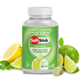 SaltStick embalaje delantero mostrando 120 tabletas, conveniente y portátil