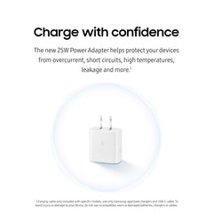 Samsung adaptador 25W cable USB‑C conectado mostrando carga rápida