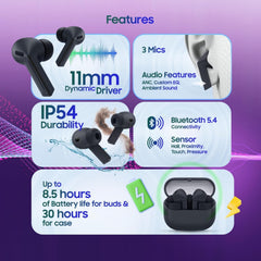 Samsung Galaxy Buds3 FE estuche abierto resaltando la batería y recarga rápida