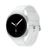 Samsung Galaxy Watch8 frente plateado con esfera clara beneficiando visibilidad rápida