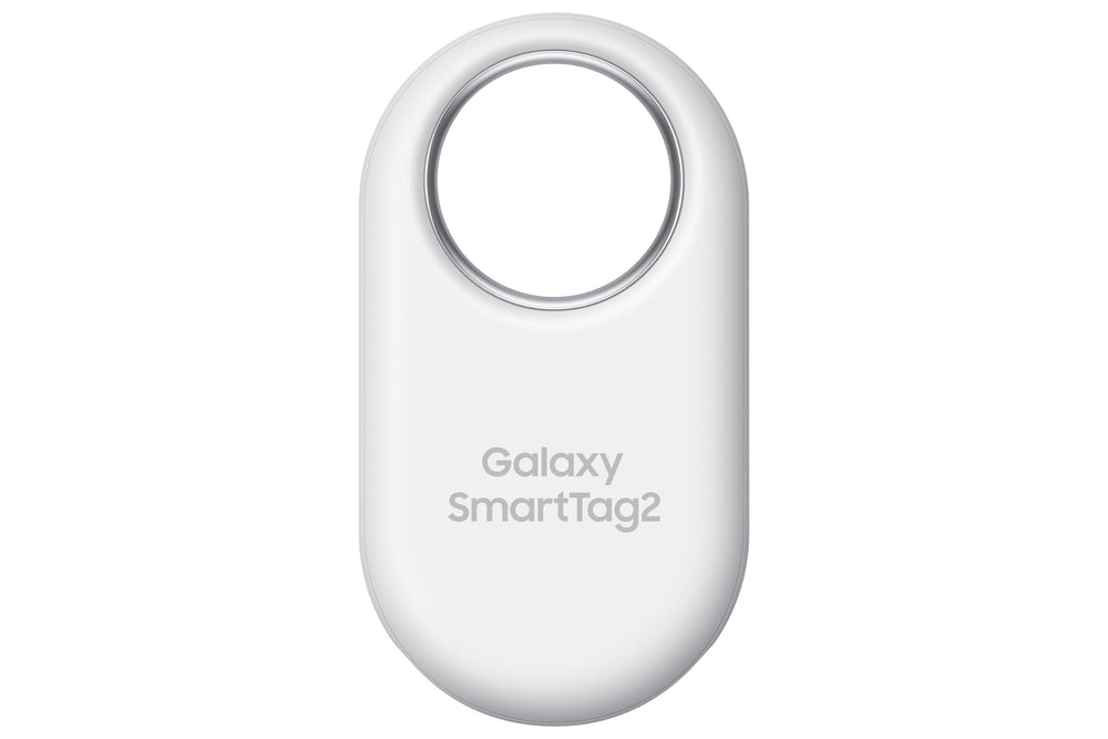 Samsung SmartTag2 frontal blanco mostrando diseño compacto y fácil sujeción