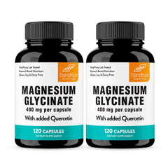 Sandhu's envase frontal del Magnesium Glycinate mostrando uso y beneficios