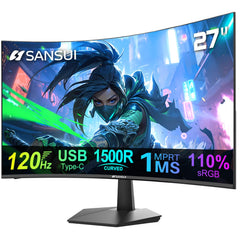 SANSUI monitor curvo 27 pulgadas vista frontal con pantalla nítida y diseño estilizado