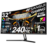 SANSUI monitor curvo frontal mostrando pantalla y diseño elegante, ideal para juegos