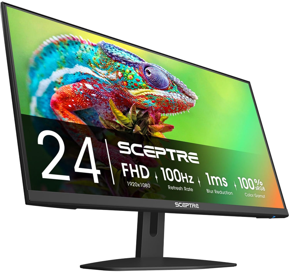 Monitor Sceptre Prime 24 frontal mostrando pantalla y diseño sin bordes, mejora inmersión