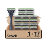 Schick frontal del paquete mostrando 1 mango y 17 recambios, protege la piel